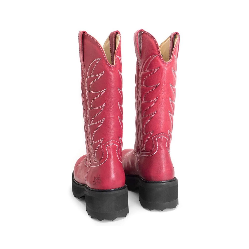 John Fluevog Red Leather Resoled F-Shoe Hi Cowboy Western Boots, Sz 10.5 - Picture 4 of 11